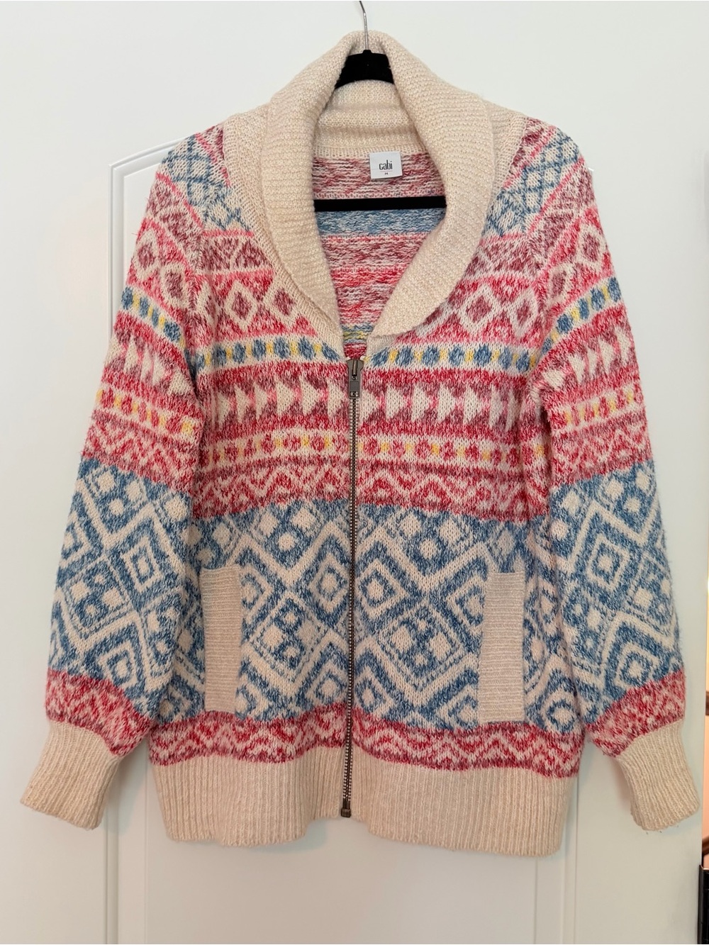 CAbi Cream, Red & Blue Fair Isle Zip Cardigan - size medium